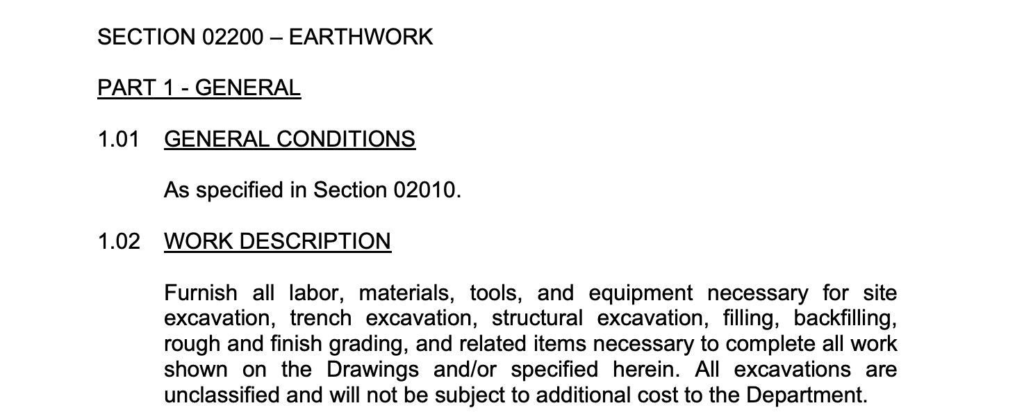 Example construction specification section showing typical formatting